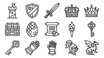 Fantasy Icons: Castle, Sword, Crown, Dragon, Treasure Chest, Knight Helmet, Shield, Key, Egg © dinny
