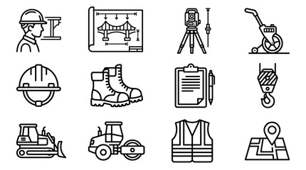 Construction Industry Icons: Engineer, Blueprint, Survey, Equipment, Safety Gear © dinny
