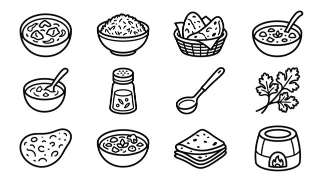 Indian Food Icons: Curry, Rice, Naan, Spices, Tortilla Chips, Cilantro, Stove