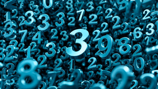 Floating teal numbers background. Abstract digital data concept with 3D numeric symbols.