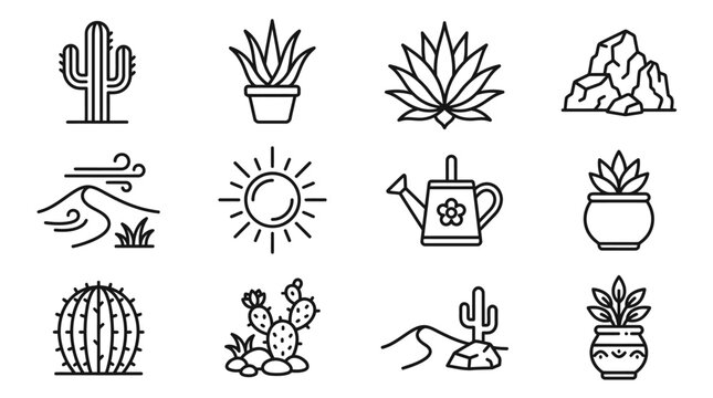 Desert Plants Icons: Cactus, Succulent, Aloe, Agave, Watering Can, Sun, Rocks