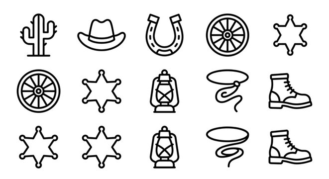 Western Icons Set: Cactus, Cowboy Hat, Horseshoe, Wagon Wheel, Sheriff Badge, Lantern, Lasso, Boot