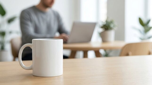 White ceramic coffee mug on a light wooden table in the foreground with a professional man working on a laptop in a bright, blurred modern home office background