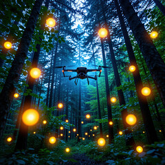 Obraz premium Black quadcopter flies through dense pine woods at night. Glowing golden lights hover between tall tree trunks in dark magical forest. Small remote tech vehicle explores mysterious atmospheric