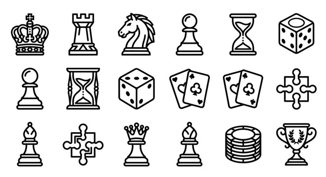 Set of game icons including chess pieces, dice, cards, hourglass, puzzle, chips, trophy