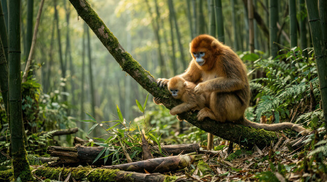 Golden Snub Nosed Monkey Mother and Baby Resting on Tree Branch.
