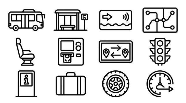 Public Transport Icons Set: Bus, Station, Ticket, Map, Seat, ATM, Traffic Light, Info