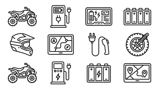Electric ATV Icons: Charging Station, Helmet, Battery, GPS, Wheel, and Vehicle