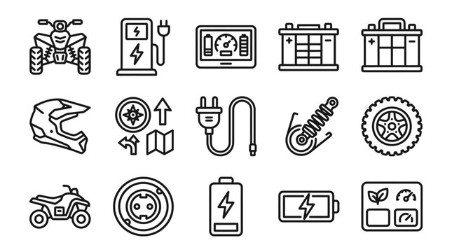 Electric Vehicle Icons: ATV, Charger, Battery, Helmet, Map, Plug, Shock, Wheel, Socket