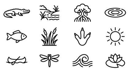 Nature Icons: Alligator, Swamp, Fish, Dragonfly, Lotus, Canoe, Sun, Water, Footprint © Brian