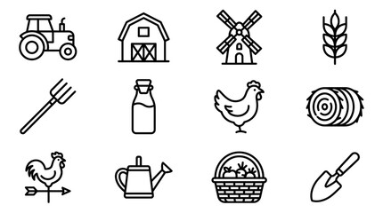 Farm Icons Set: Tractor, Barn, Windmill, Wheat, Pitchfork, Milk, Chicken, Hay Bale © dinny