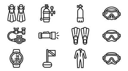 Diving Equipment Icons Set: Scuba Gear, Snorkel, Mask, Fins, Wetsuit, Watch, Light © Brian