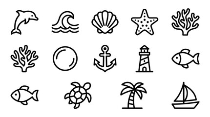 Obraz premium Nautical Icons Set: Dolphin, Wave, Shell, Starfish, Coral, Pearl, Anchor, Lighthouse, Fish, Turtle, Palm Tree, Sailboat