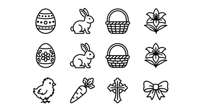 Easter Icons Set: Eggs, Bunnies, Baskets, Lilies, Chick, Carrot, Cross, Bow - Line Art