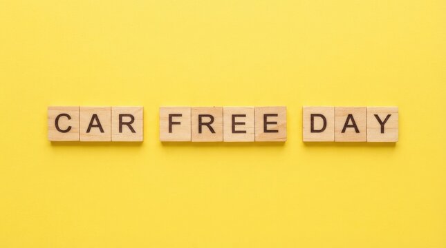 Wooden blocks spelling out the words car free day placed on a bright yellow background to promote environmental awareness for world car free day event