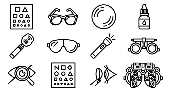 Ophthalmology Icons: Eye Exam Tools, Vision Chart, Glasses, Eye Drops, Flashlight