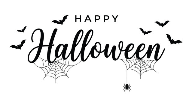 Happy halloween greeting design featuring black bats and spiders web illustrations on white background