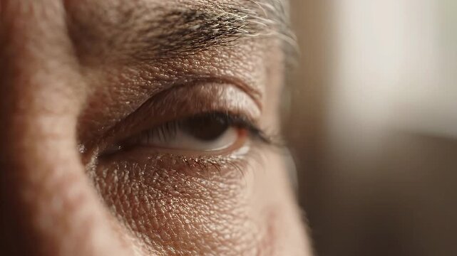 Extreme close-up shot of a mature man brown eye looking thoughtfully in detailed macro photography