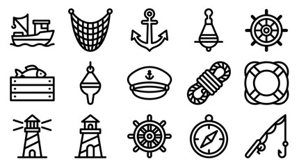 Nautical Icons Set: Fishing Boat, Anchor, Compass, Lighthouse, Buoy, Helm, Net © Brian