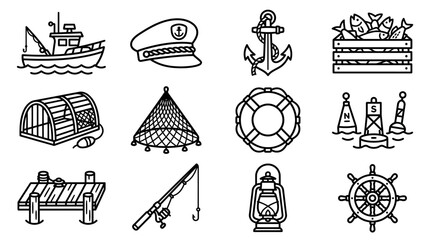 Nautical Icons Set: Fishing Boat, Anchor, Lobster Trap, Lifebuoy, Ship Wheel, Lantern © Brian