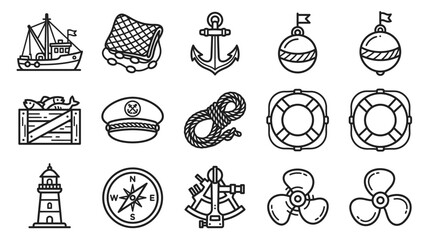 Nautical Icons Set: Ship, Anchor, Compass, Lighthouse, Lifebuoy, Rope, Sextant, Propeller © Brian
