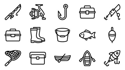 Fishing Gear Icons Set: Rod, Reel, Hook, Tackle Box, Boots, Net, Boat, Fish, Bobber © Brian
