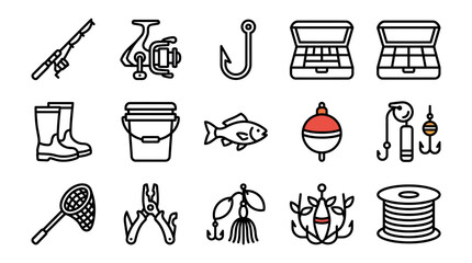 Fishing Gear Icons: Rod, Reel, Tackle Box, Lures, Net, Boots, Bobber, Hooks © Brian