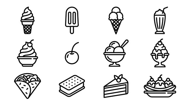 Ice Cream Icons Set: Cones, Popsicle, Sundae, Shake, Sandwich, Cake, Banana Split