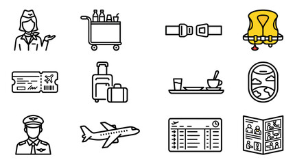 Airplane Travel Icons: Flight Attendant, Pilot, Luggage, Ticket, Seatbelt, Life Vest, Food, Window © Brian