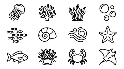 Oceanic Icons: Jellyfish, Coral, Fish, Starfish, Crab, Seaweed, Shell, Rays, Bubbles © dinny