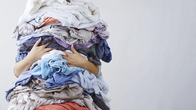 Person carrying an enormous heap of clothes needing to be washed, symbolizing the endless list of domestic duties and the challenge of managing housework