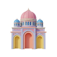 Fototapeta premium A whimsical 3D render of a pastel colored mosque building with distinct domed roofs isolated