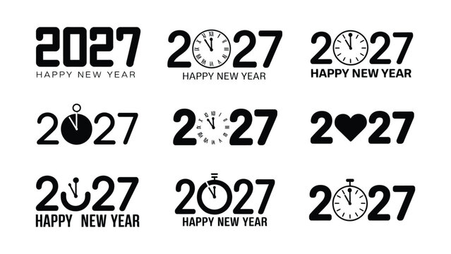 Set of nine minimalist happy new year 2027 typographic design elements with graphic designs celebrating
