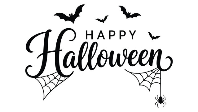 Happy halloween greeting design featuring decorative script lettering bats and spiders on white background