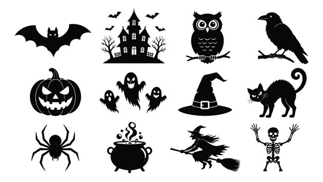 Set of twelve spooky silhouette icons for halloween celebration design elements with creatures traditional symbols