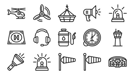 Aviation Icons Set: Helicopter, Propeller, Hangar, Control Tower, Cockpit, Fuel, Safety © Brian