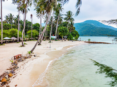 Tropical island beach landscape showcasing swaying palm trees along the sandy shore, gentle waves reaching the coast, and distant green mountains under a cloudy sky in Karimunjawa, Indonesia