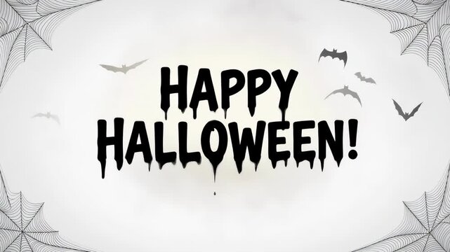 Happy halloween text with dripping black paint effect, cobwebs and bats