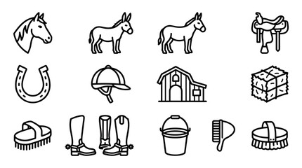 Equestrian Icons Set: Horse, Donkey, Saddle, Barn, Hay, Boots, Brush, Helmet, Horseshoe © Brian
