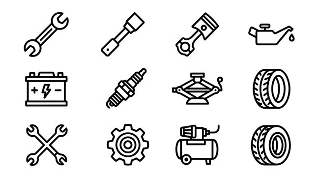 Automotive Repair Icons: Wrench, Battery, Piston, Tire, Spark Plug, Compressor
