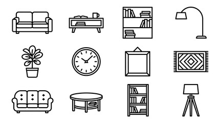 Home Decor Icons: Sofa, Bookshelf, Lamp, Plant, Clock, Rug, Coffee Table © Brian