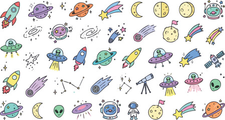 Collection of cartoon space elements including rockets, planets, aliens, UFOs, stars, moons, and constellations © MDMUKTADIR