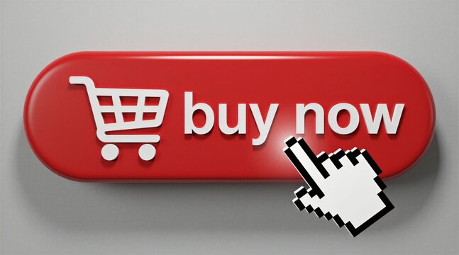 Red rounded button with shopping cart icon, buy now text clicked by mouse cursor. Online shopping action, e-commerce purchase concept, digital retail interface element. Cursor interaction. E-business