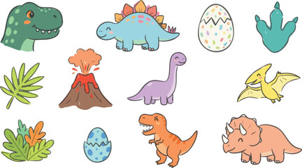 Cute cartoon dinosaur collection set with volcano and footprints in doodle style © MDMUKTADIR
