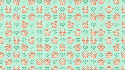 National Dog Month August seamless paw print and heart pattern vector background.