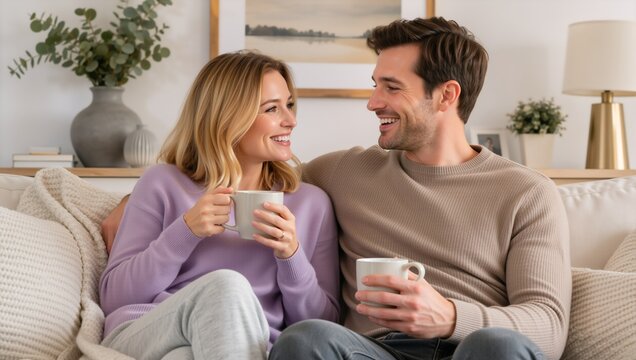 Happy young couple drinking coffee on a cozy sofa. Smiling man and woman talking in the living room. Cozy home lifestyle and relationship concept