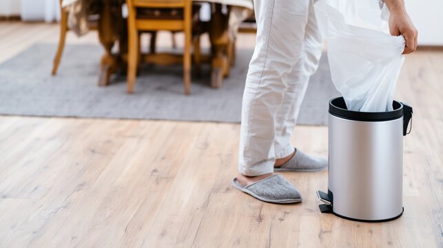 Person pulling full trash bag from metal waste bin, performing household chores and cleaning tasks to maintain home hygiene and dispose of waste indoors