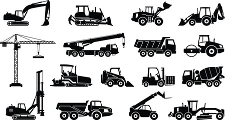 Obraz premium Construction Machinery Silhouettes Set Featuring Excavator, Bulldozer, Crane, Mixer Truck, Forklift, and Heavy Equipment