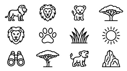 Safari Icon Set: Lion, Cub, Paw Print, Acacia Tree, Sun, Binoculars, Grass, Mountain © Brian