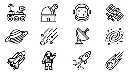 Space Exploration Icons: Rocket, Astronaut, Satellite, Planet, Nebula, Rover © Brian